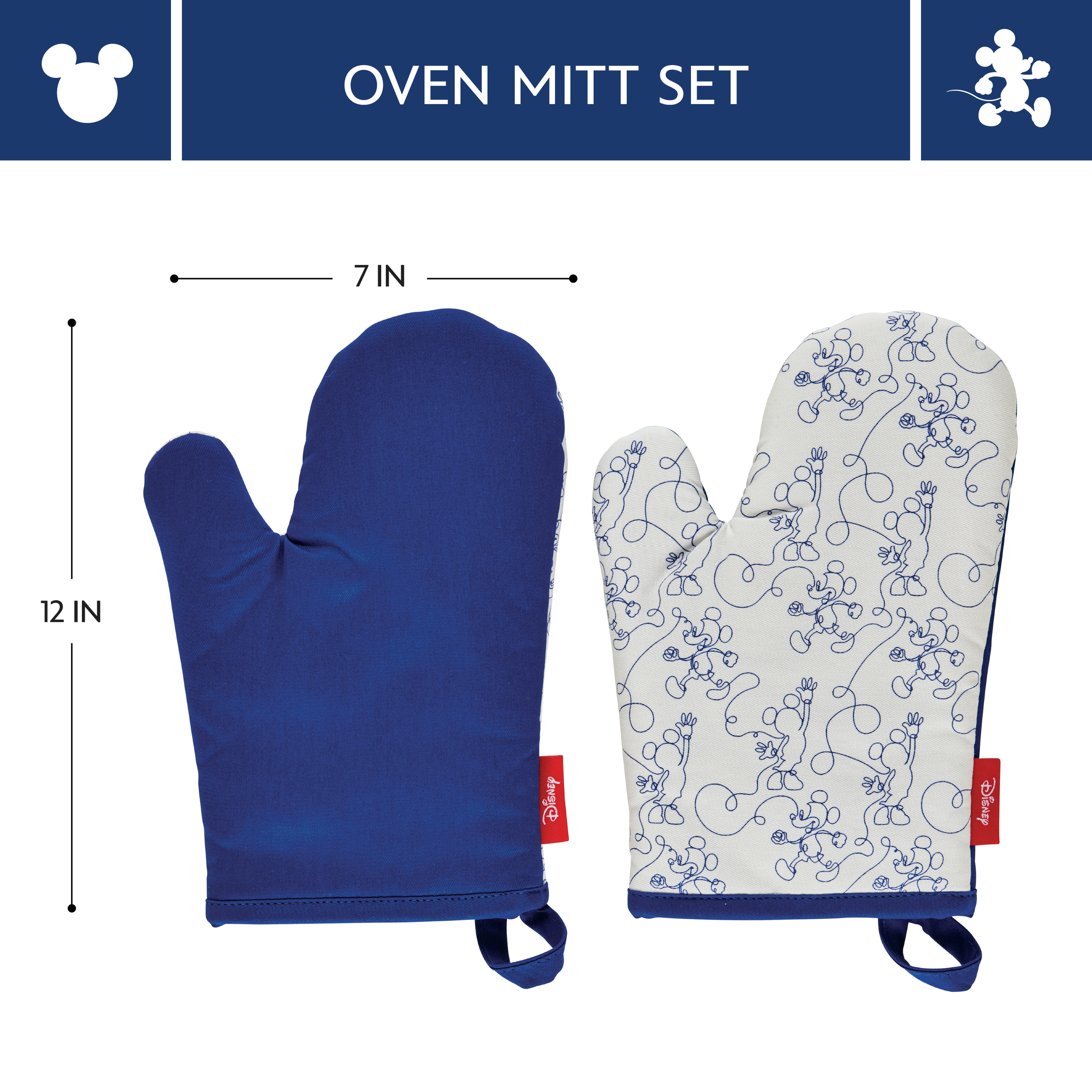 The Bon Voyage 2-Piece Oven Mitt Set includes two delightful designs: one in solid navy and the other featuring a whimsical floral pattern.