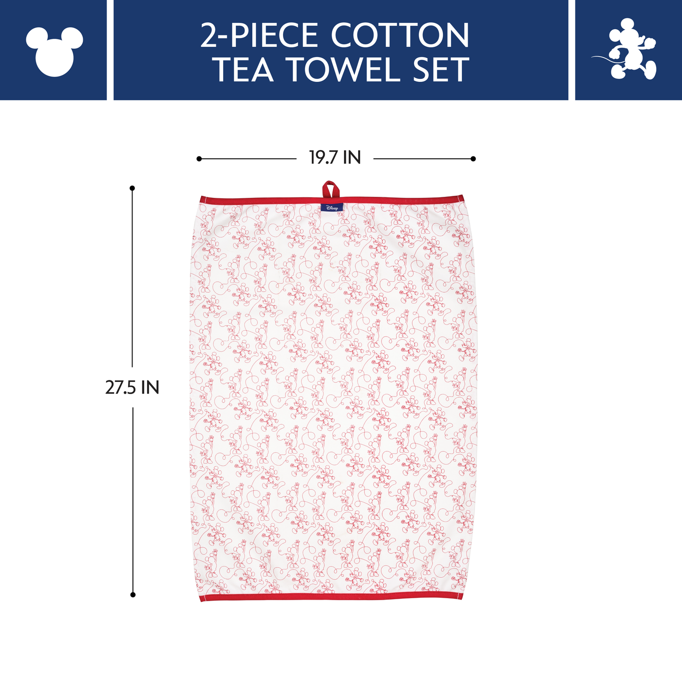 Bon Voyage Kitchen Towels, measuring 19.7x27.5 inches, featuring a cotton design with red trim.