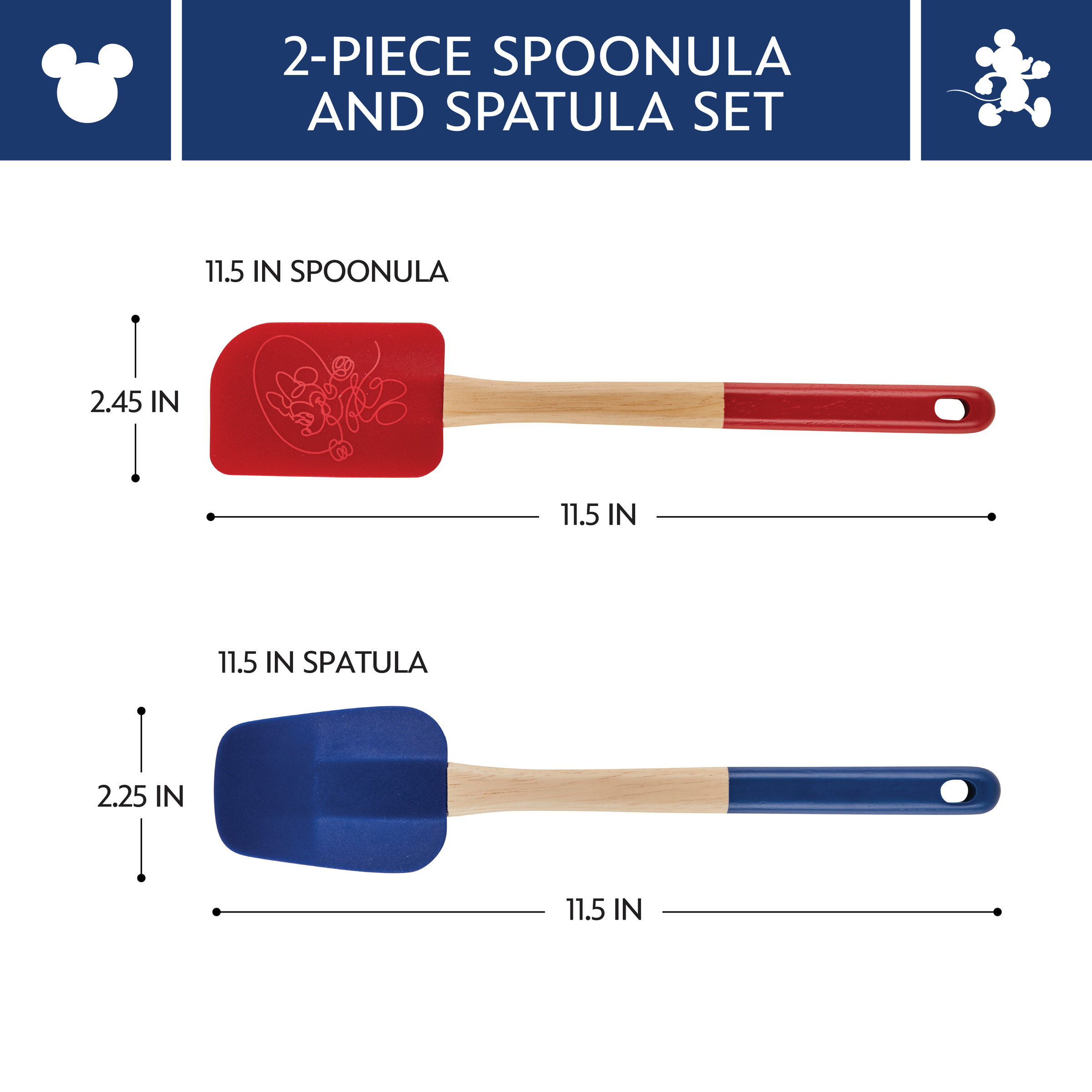 Bon Voyage two-piece set: a red spoonula and a blue spatula with wooden handles.