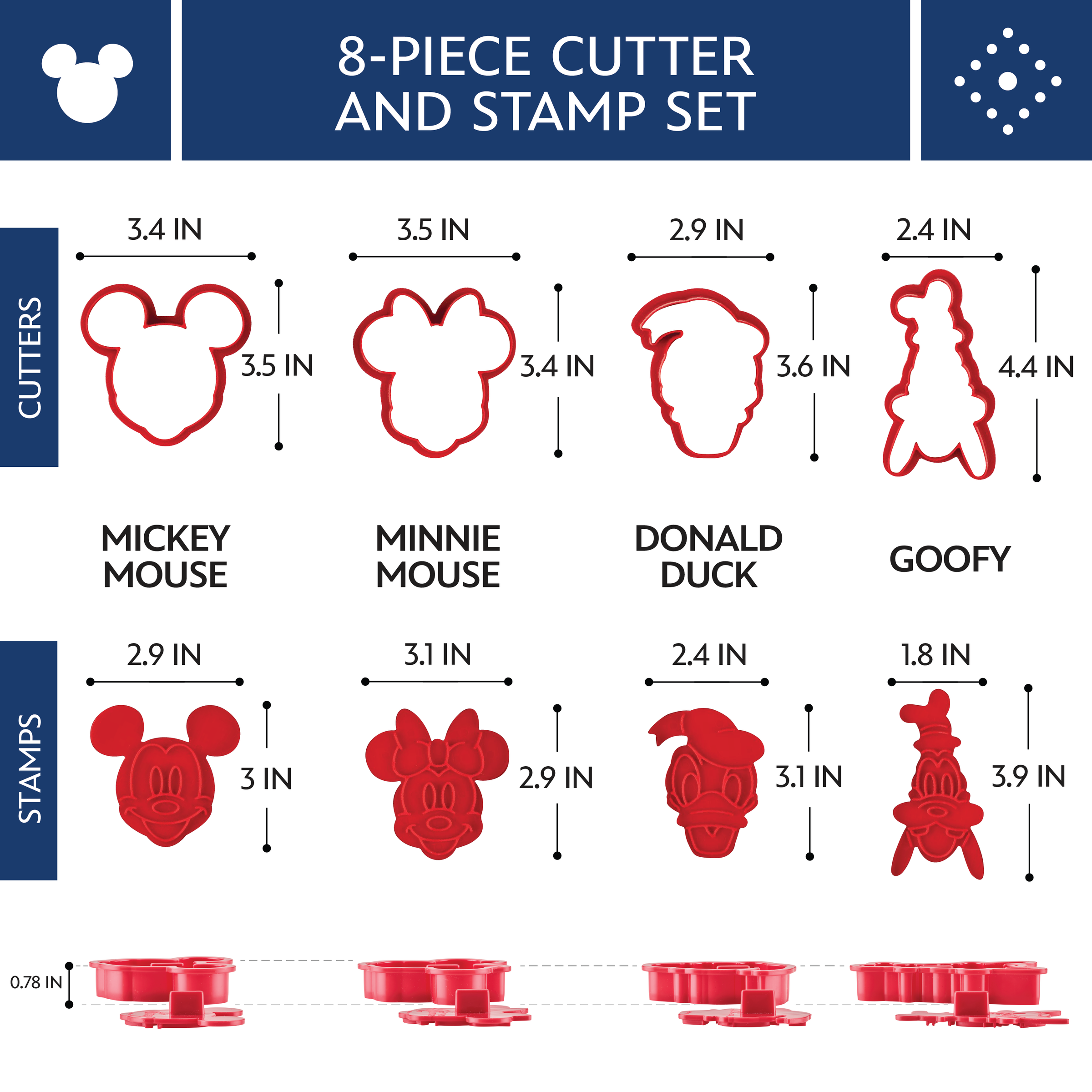 Unleash your baking creativity with the Bake with Mickey Mouse 8-Piece Cookie Cutter and Stamp Set, featuring Disney's beloved Mickey and Friends. Craft delightful character outlines with precision every time.