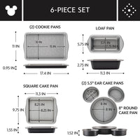 6-Piece Bakeware Set with labeled cookie, loaf, cake, and ear pans.