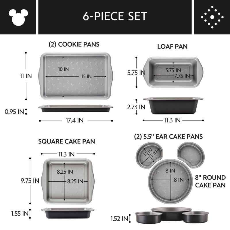 6-Piece Bakeware Set with labeled cookie, loaf, cake, and ear pans.