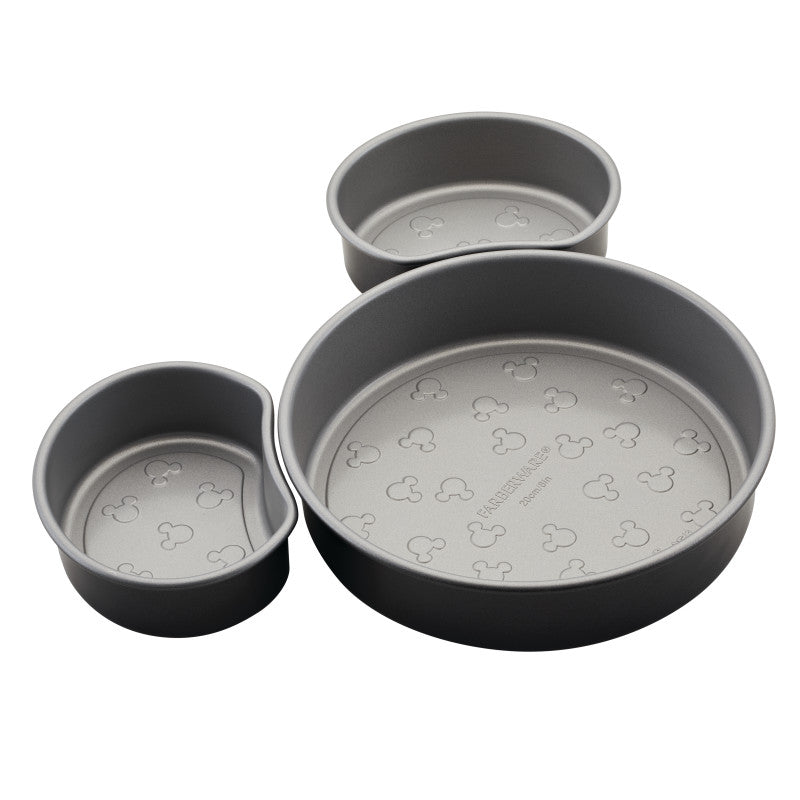 6-piece bakeware set with Mickey Mouse head patterns on each pan's bottom.