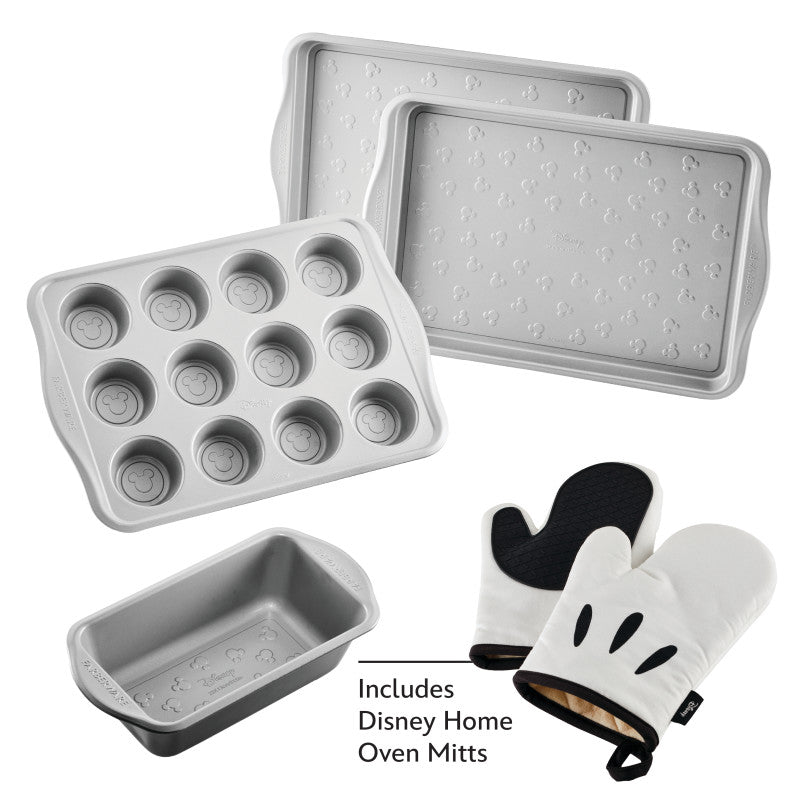 Disney Bake with Mickey Mouse 6-Piece Set includes tin, loaf pan, trays, mitts.