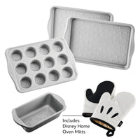 Disney Bake with Mickey Mouse 6-Piece Set includes tin, loaf pan, trays, mitts.