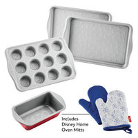 Disney Bake with Mickey Mouse 6-Piece Set: 4 pans, 2 mitts with Mickey motifs.