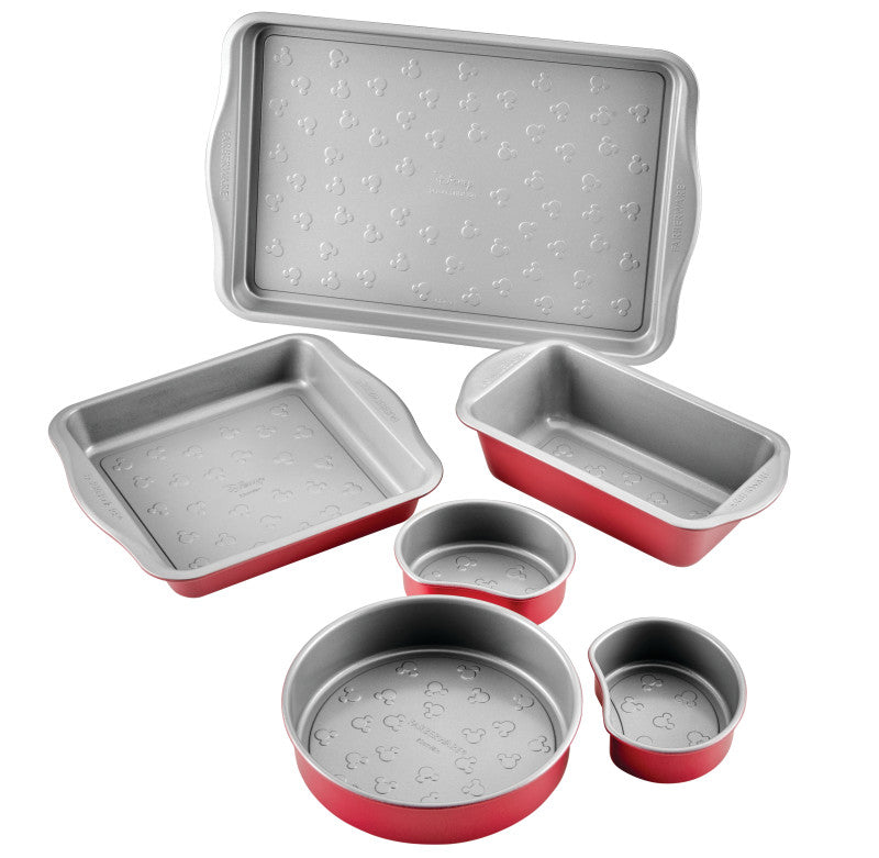 6-Piece Bakeware Set in red and gray, with pans of various shapes and sizes.