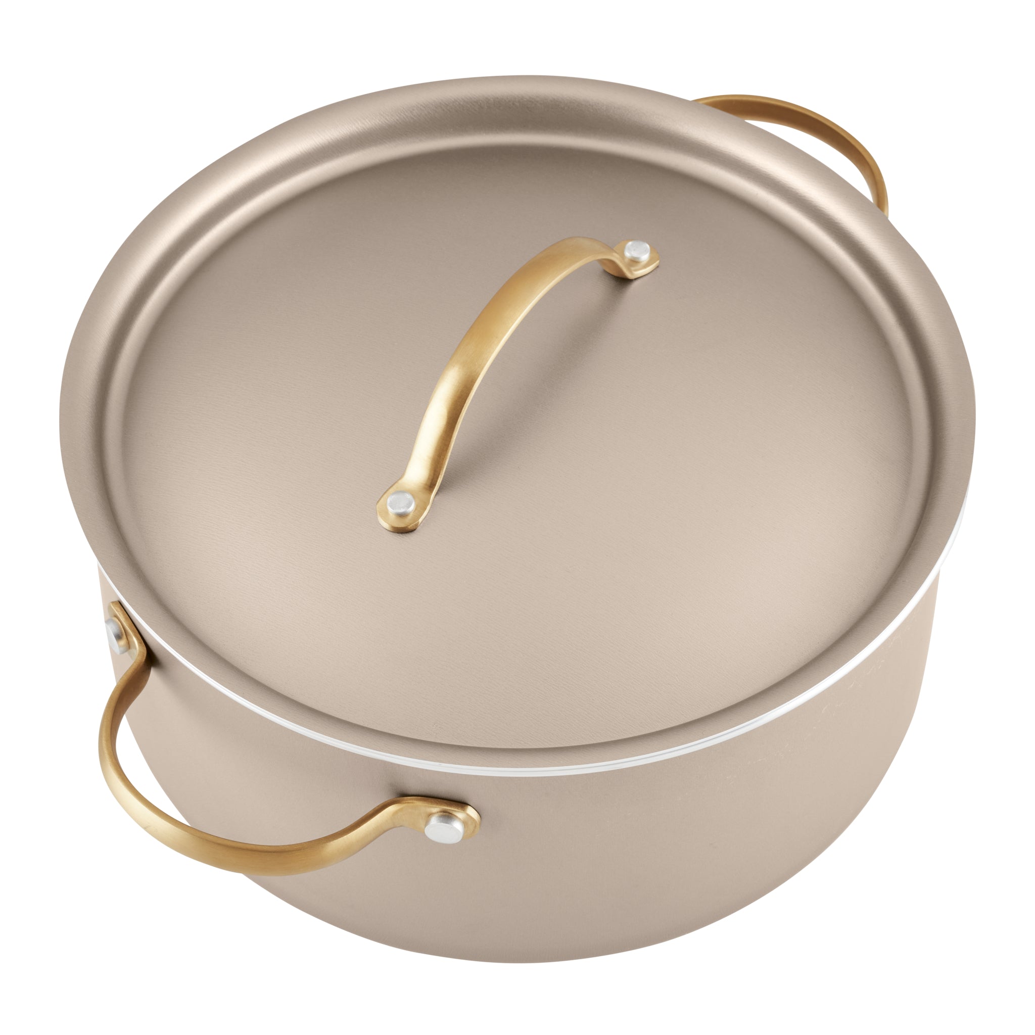 The Radiant Nonstick 12-Piece Cookware Set includes a round, beige cooking pot with a nonstick surface for effortless cleaning and even heat distribution, enhanced by a lid and sophisticated gold accent handles.