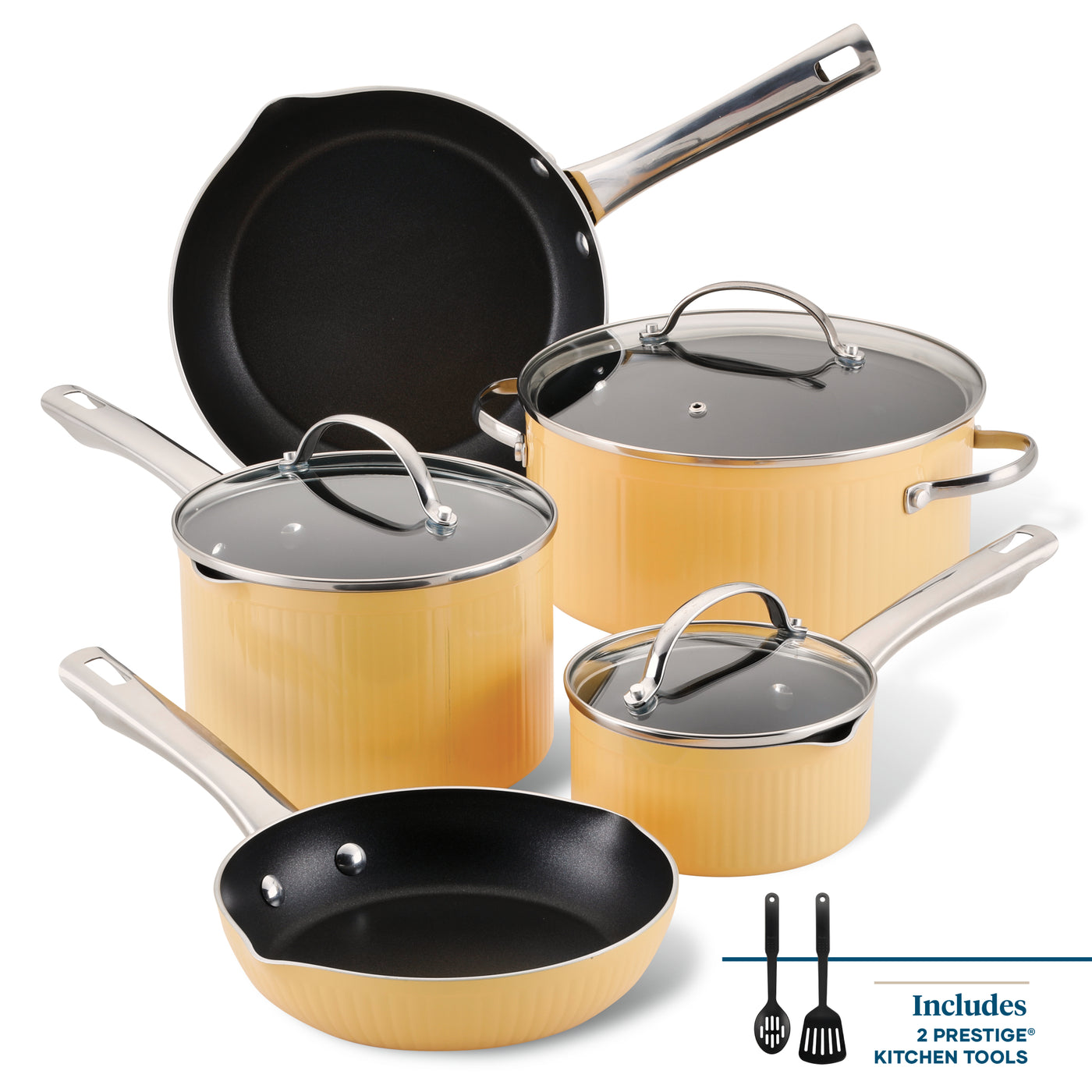 The Style Nonstick Cookware Set, 10-Piece in yellow, showcases DiamondMax™ Nonstick technology and includes lids and two kitchen tools.