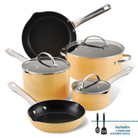 The Style Nonstick Cookware Set, 10-Piece in yellow, showcases DiamondMax™ Nonstick technology and includes lids and two kitchen tools.