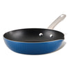 A 10-inch Style Nonstick Cookware frying pan in blue, designed with aluminum construction and a sleek metal handle, viewed from the side.