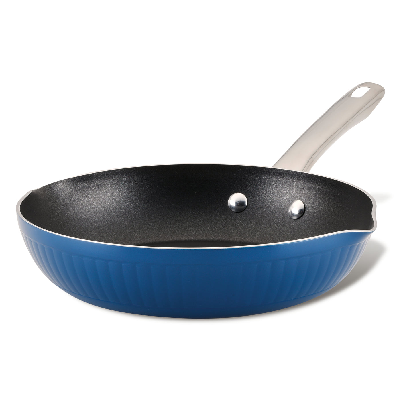 A 10-inch Style Nonstick Cookware frying pan in blue, designed with aluminum construction and a sleek metal handle, viewed from the side.
