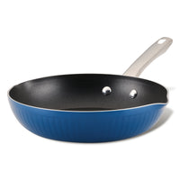 A 10-inch Style Nonstick Cookware frying pan in blue, designed with aluminum construction and a sleek metal handle, viewed from the side.
