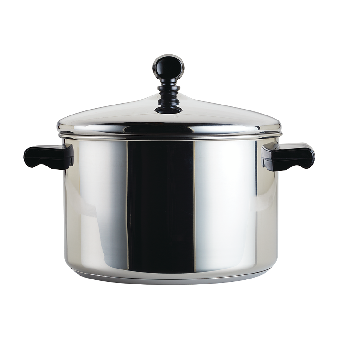 Stainless steel pot with a lid and black handles.