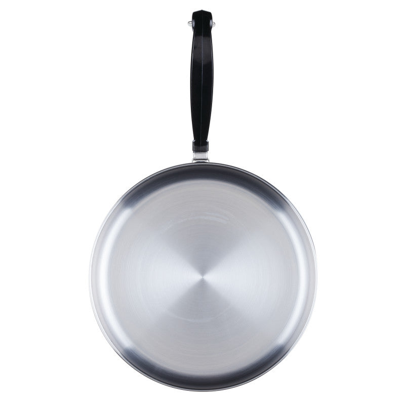 Classic Series 2.75-Quart Stainless Steel Saute Pan with black handle, top view.