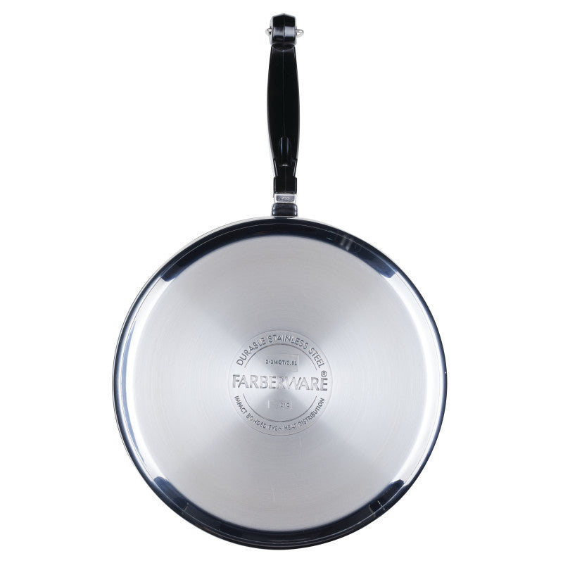 Classic Series 2.75-Quart Stainless Steel Saute Pan with black handle, top view.