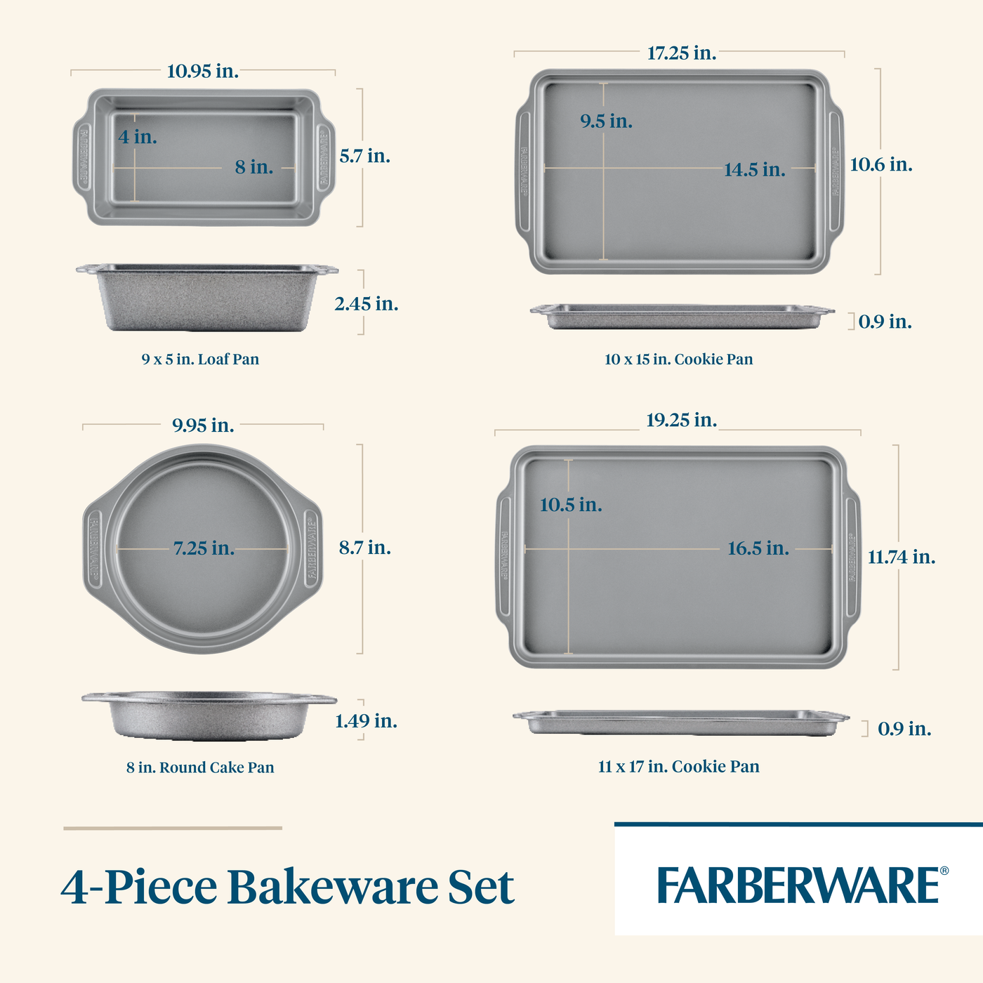 The 4-Piece Nonstick Bakeware Set by Farberware includes baking pans with dimensions shown, making for easy cleanup after each use.
