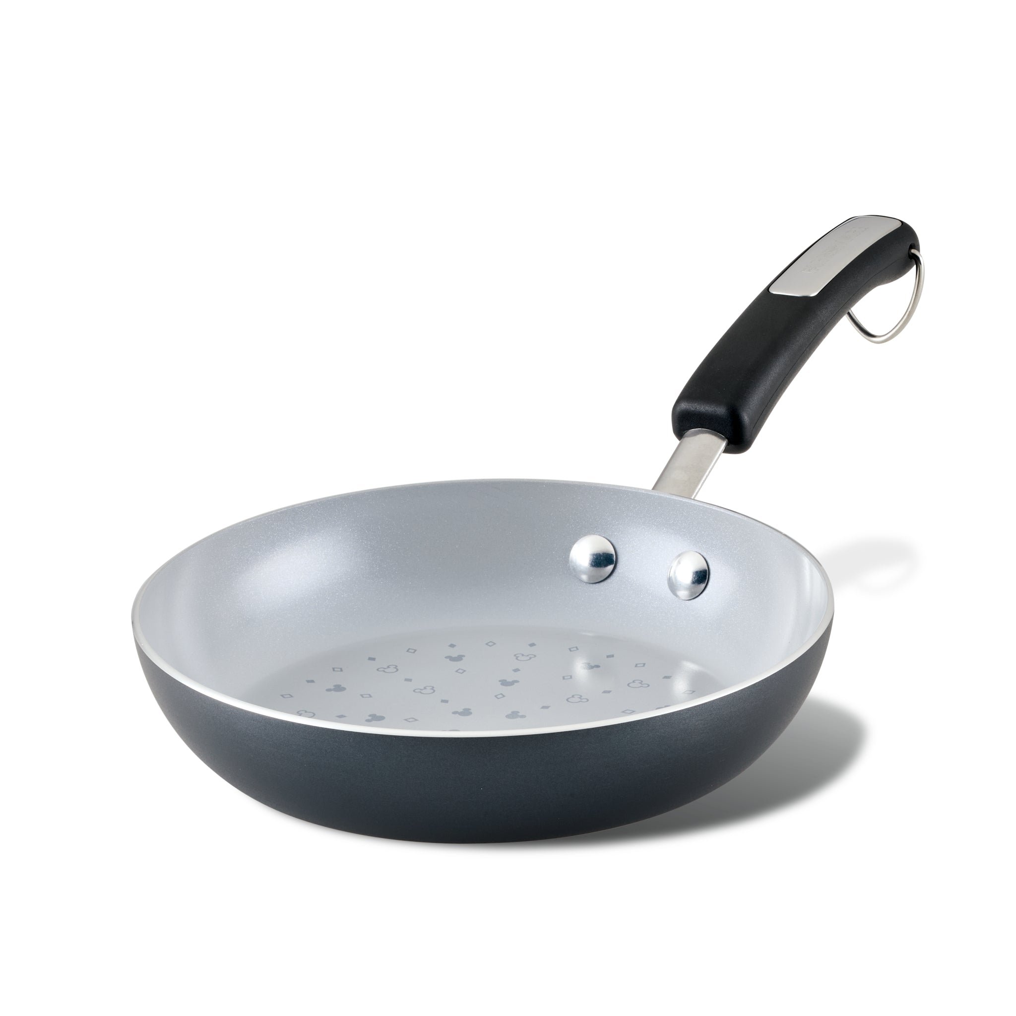 Monochrome Ceramic Nonstick Frying Pan with a black handle, adorned with charming Mickey Mouse designs on a white background.