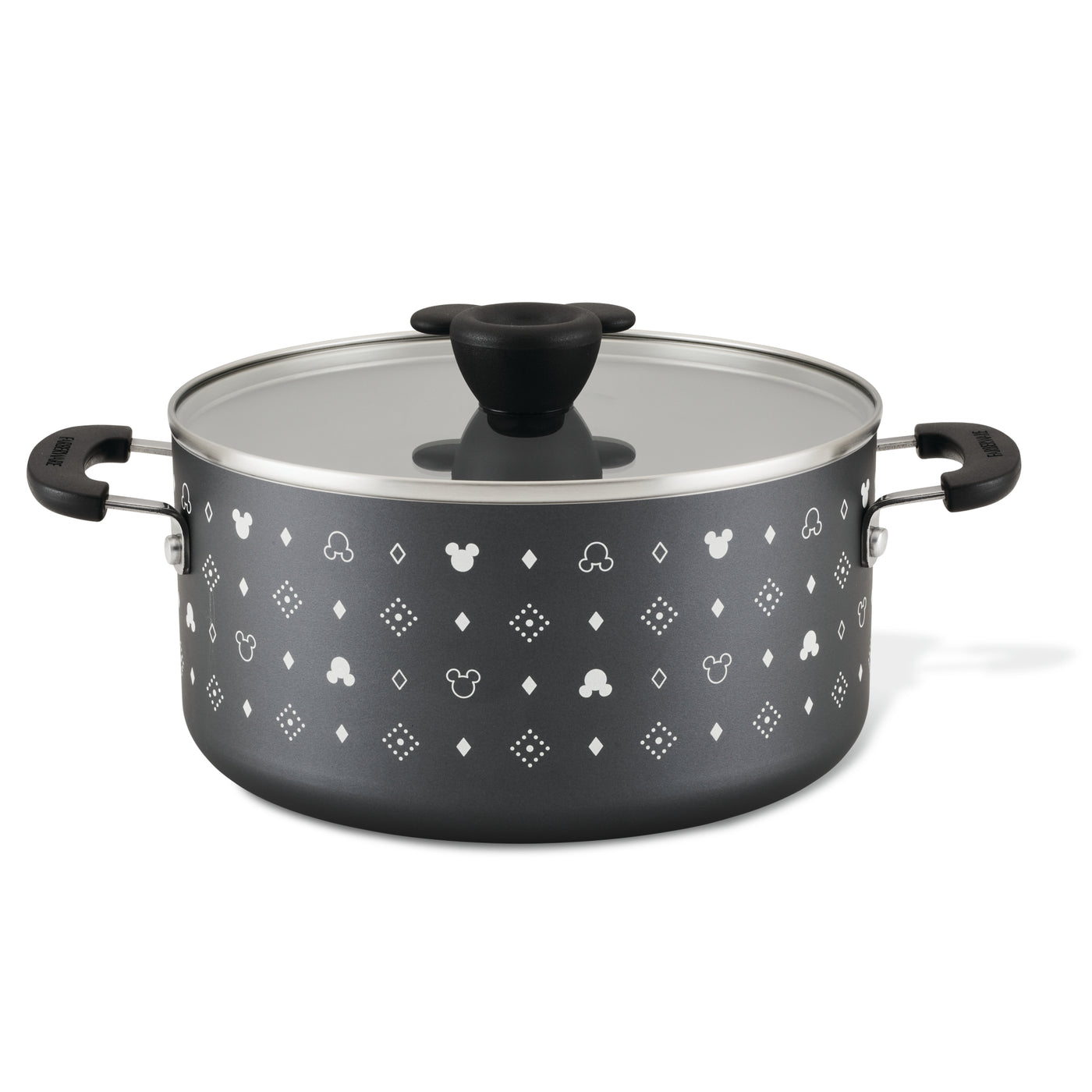 Monochrome ceramic nonstick stockpot with lid, featuring a delightful Mickey Mouse pattern in black.