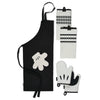 The Monochrome 5-Piece Set includes a black apron, two white mitts, and three black and white patterned towels. Perfect for fans, this collection brings a hint of Mickey Mouse magic to your culinary adventures.