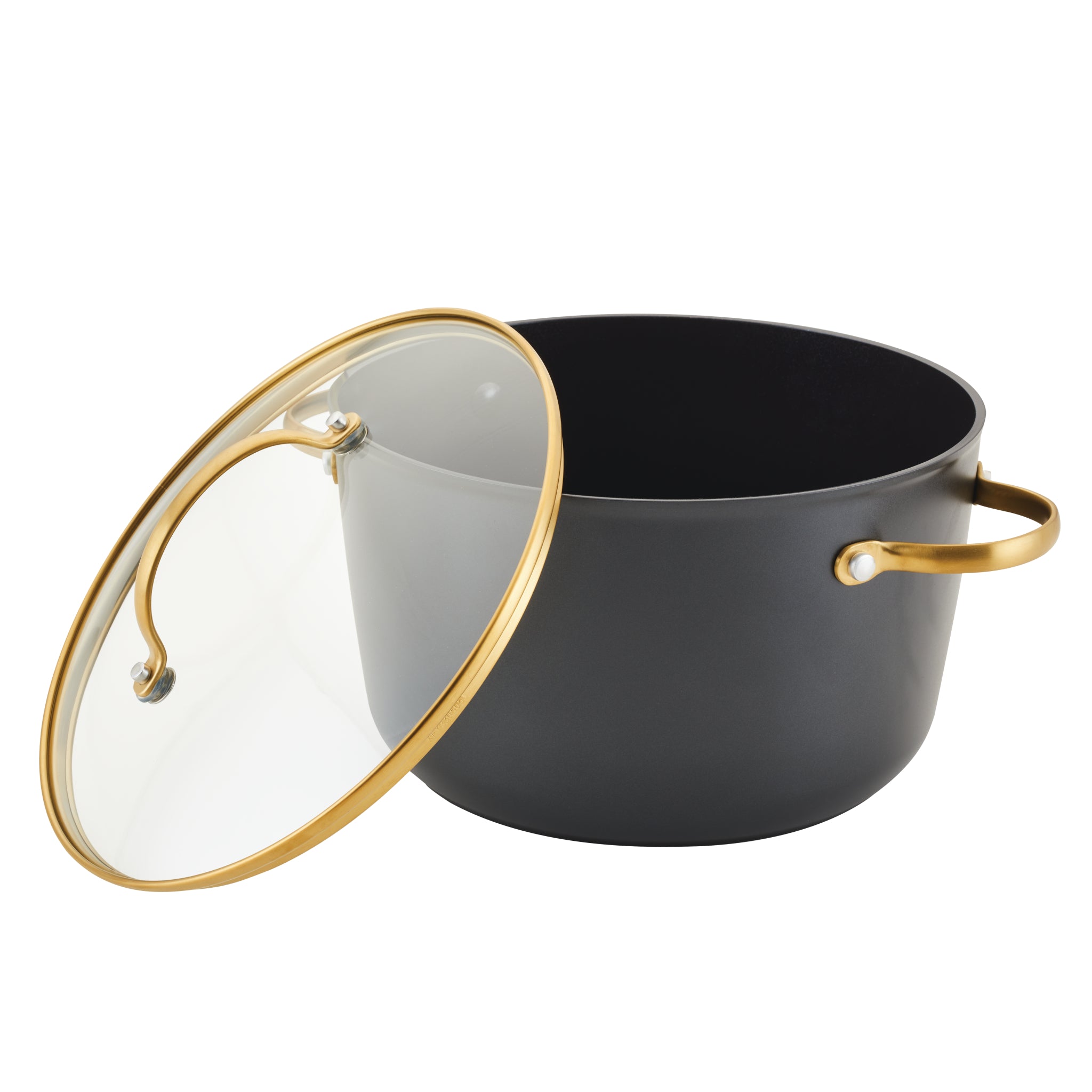 The Forged Induction Ceramic 6-Quart Stockpot with Lid features a black body crafted from forged aluminum for durability, gold handles, and a slightly ajar transparent glass lid. Its induction-ready design ensures even cooking on any cooktop.
