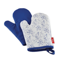 The Bon Voyage 2-Piece Oven Mitt Set includes two blue and white mitts embellished with a delightful floral pattern that's subtly inspired by Mickey Mouse.