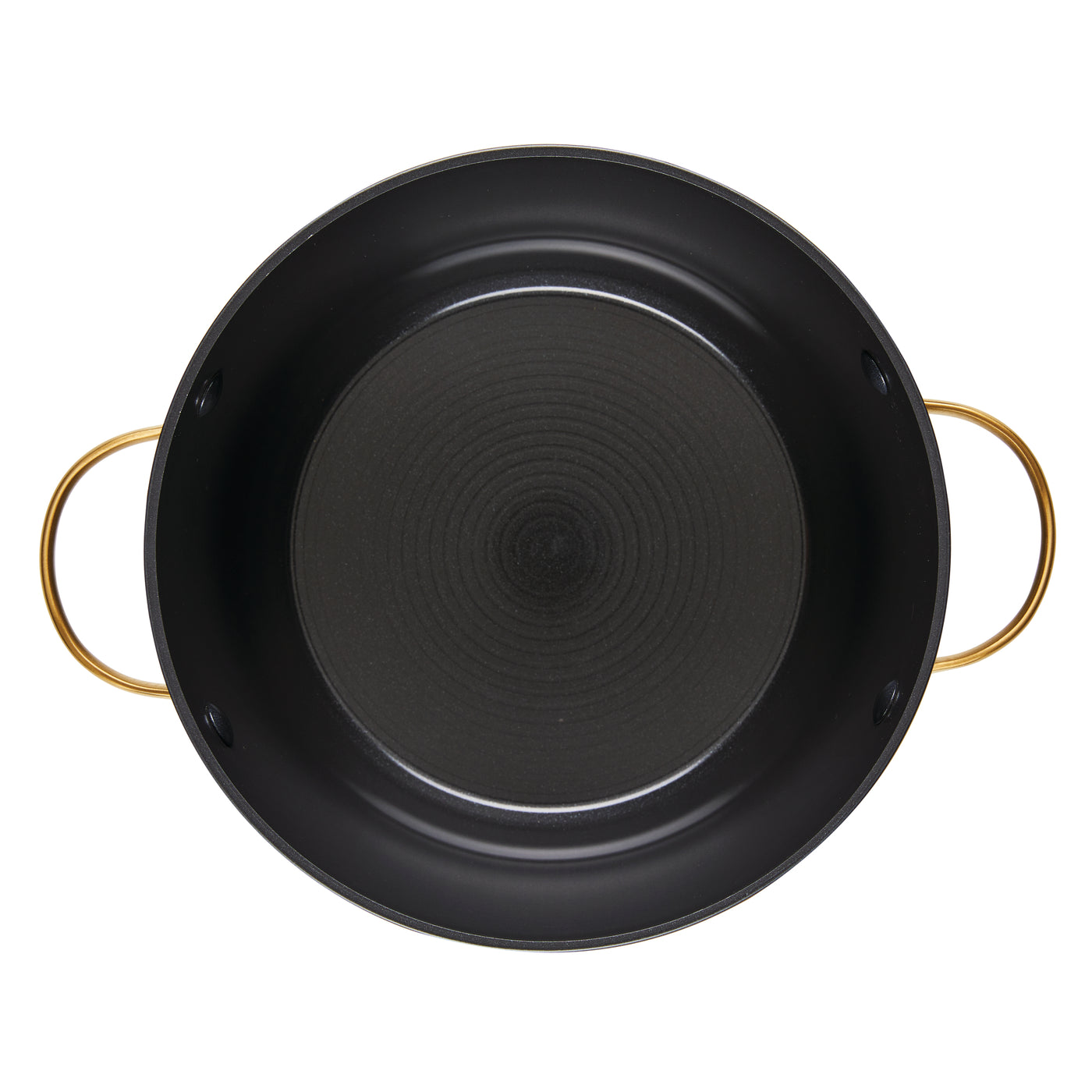 Viewed from above, the Forged Induction Ceramic 6-Quart Stockpot With Lid features a black round design with gold handles and is crafted from forged aluminum.