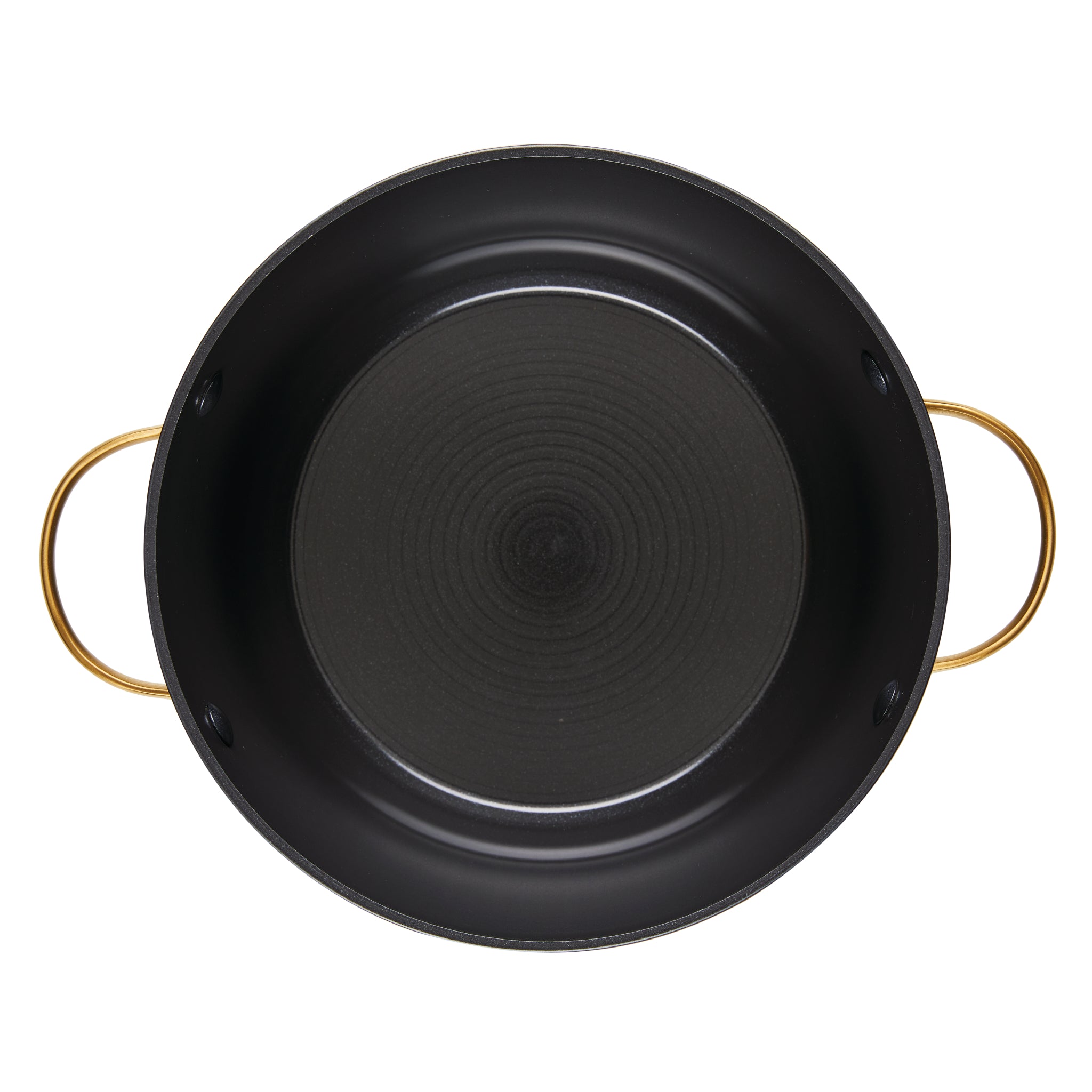 Viewed from above, the Forged Induction Ceramic 6-Quart Stockpot With Lid features a black round design with gold handles and is crafted from forged aluminum.