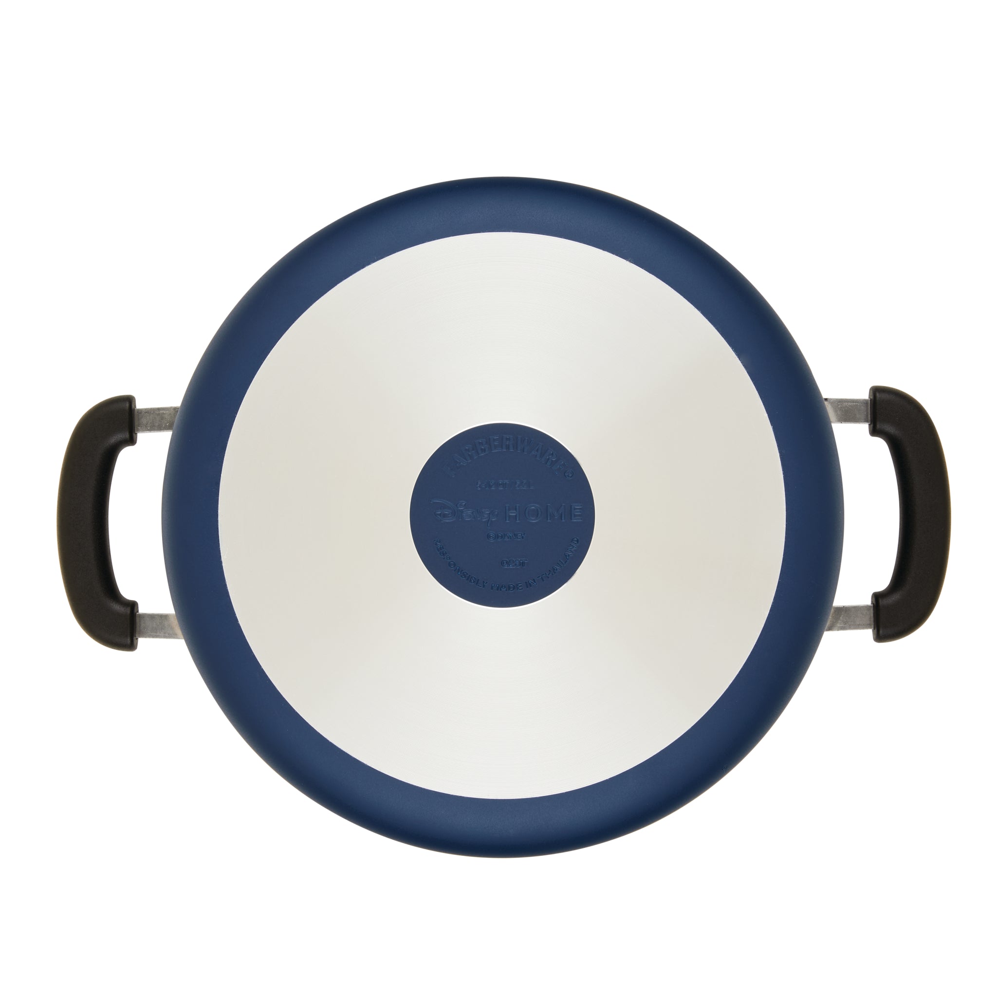 Top view of the Bon Voyage 5.5-Quart Ceramic Nonstick Stockpot with a blue lid and black handles, exuding a playful vibrancy reminiscent of Disney Mickey Mouse's whimsical charm.