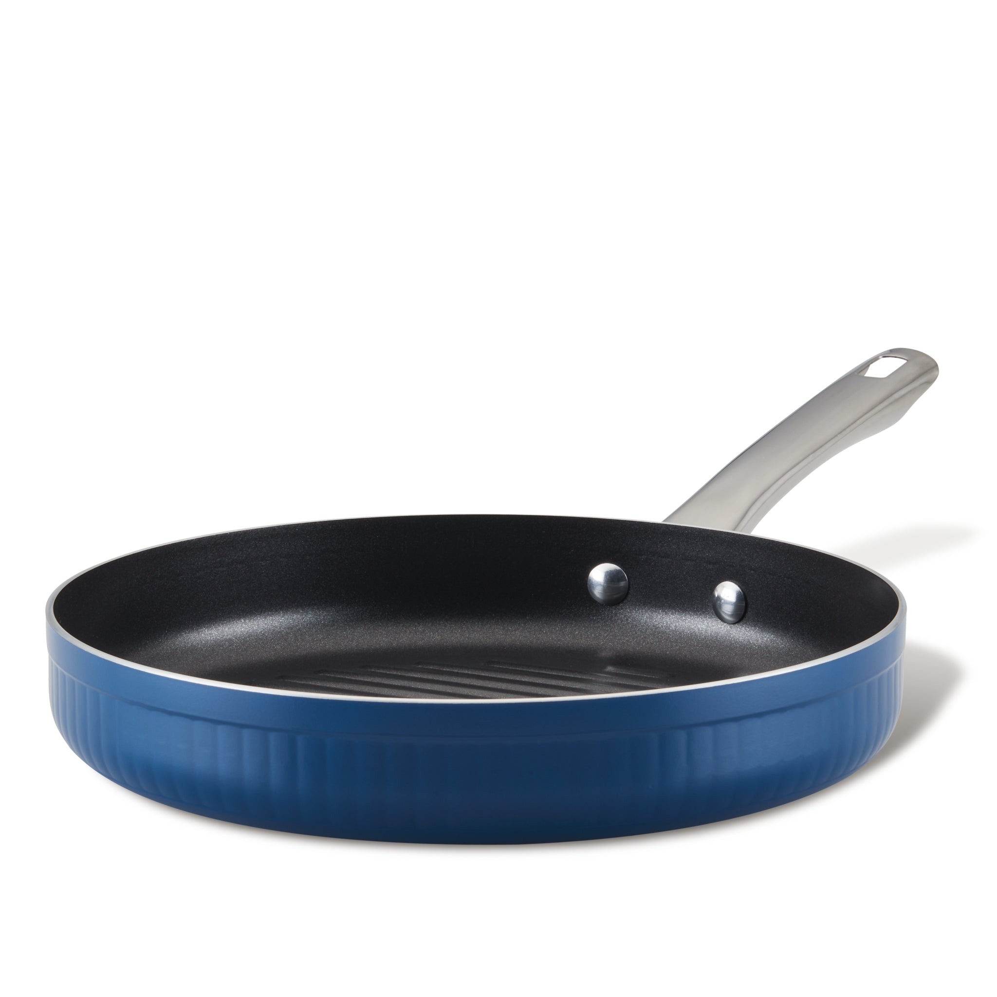 The 11.25-Inch Nonstick Deep Round Grill Pan, with its striking blue exterior and sleek silver handle, sits elegantly against a white background. This versatile piece of oven-safe cookware ensures effortless cooking and easy cleanup every time.