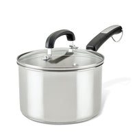 The 3-Quart Stainless Steel Saucepan from Farberware Brilliance features a sleek black handle and comes with a lid, combining elegance with functionality.