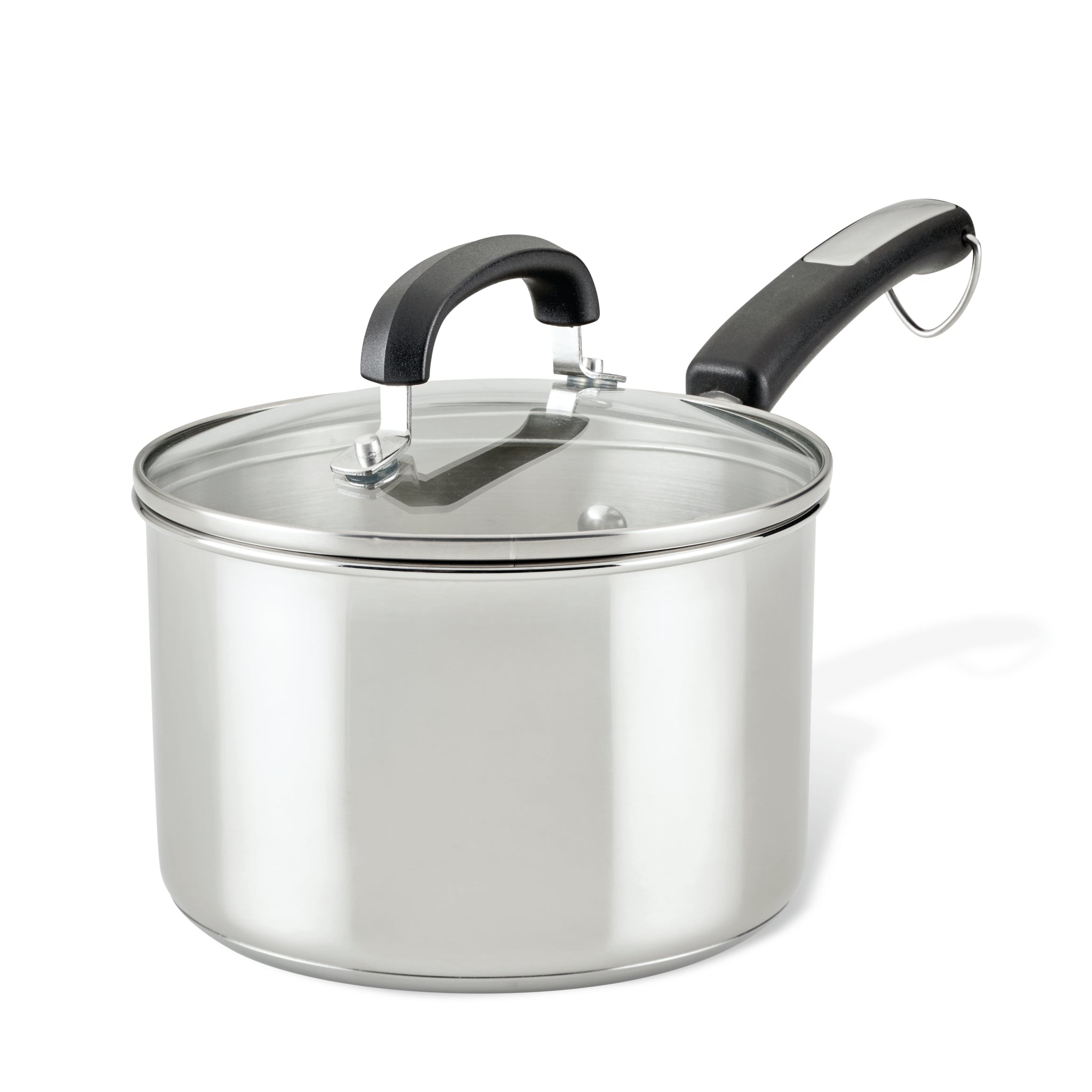 The 3-Quart Stainless Steel Saucepan from Farberware Brilliance features a sleek black handle and comes with a lid, combining elegance with functionality.