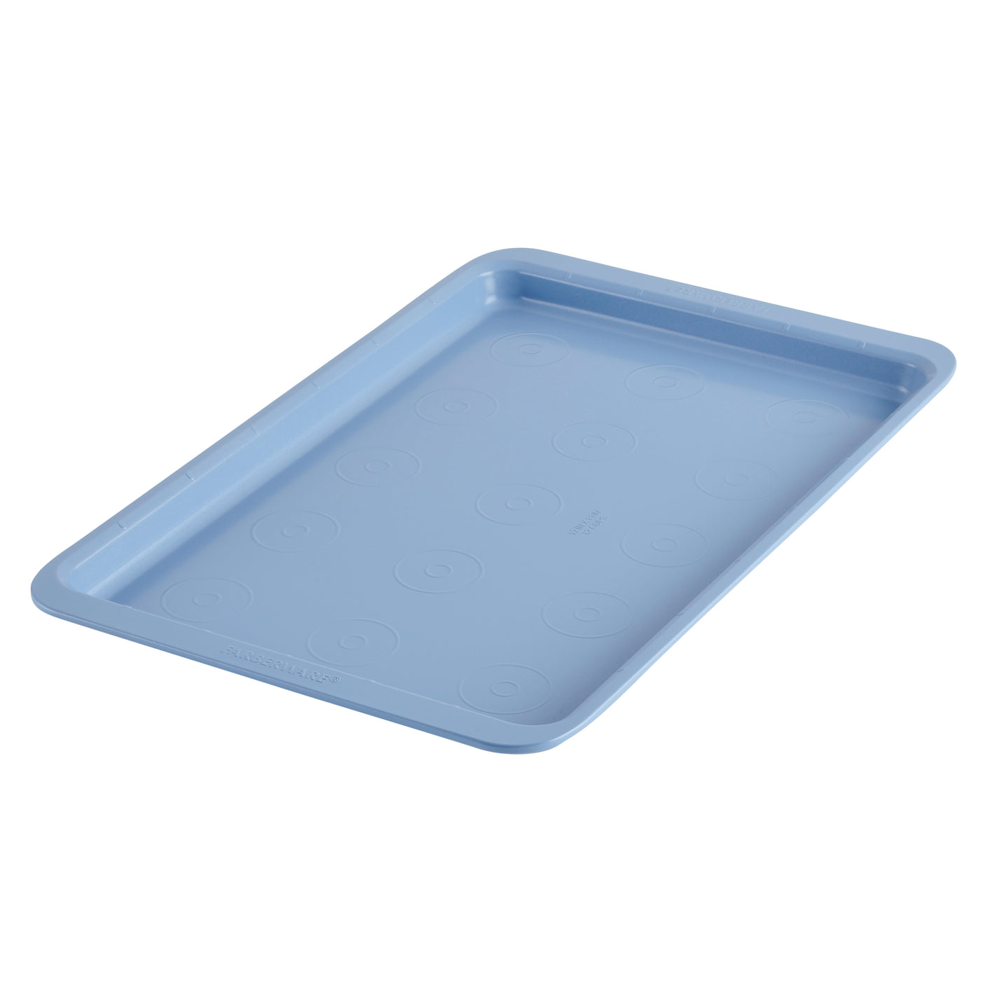 An 11-Inch x 17-Inch Nonstick Baking Sheet with a blue finish and shallow lip on a white background, featuring heavy-duty steel construction for durability.