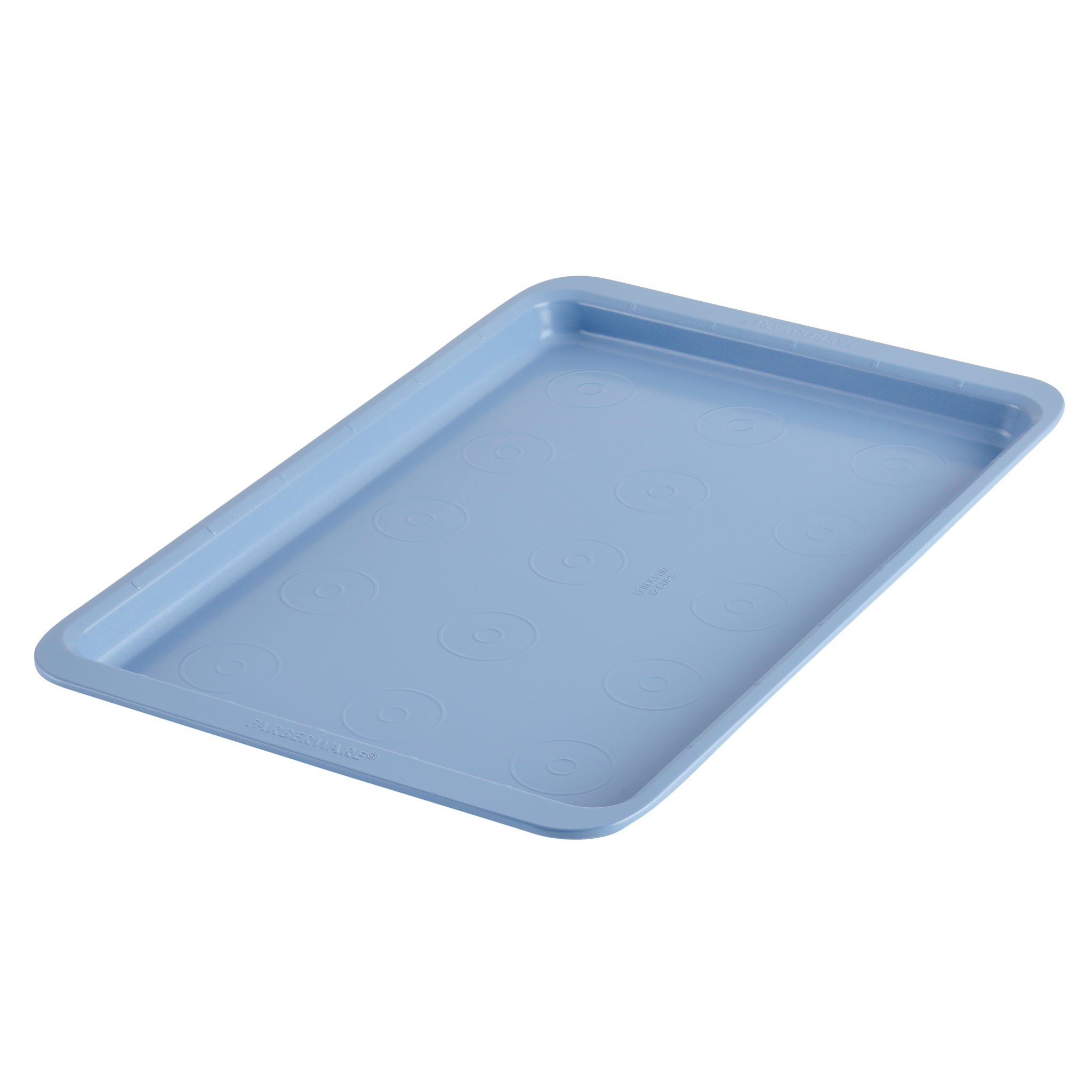 An 11-Inch x 17-Inch Nonstick Baking Sheet with a blue finish and shallow lip on a white background, featuring heavy-duty steel construction for durability.