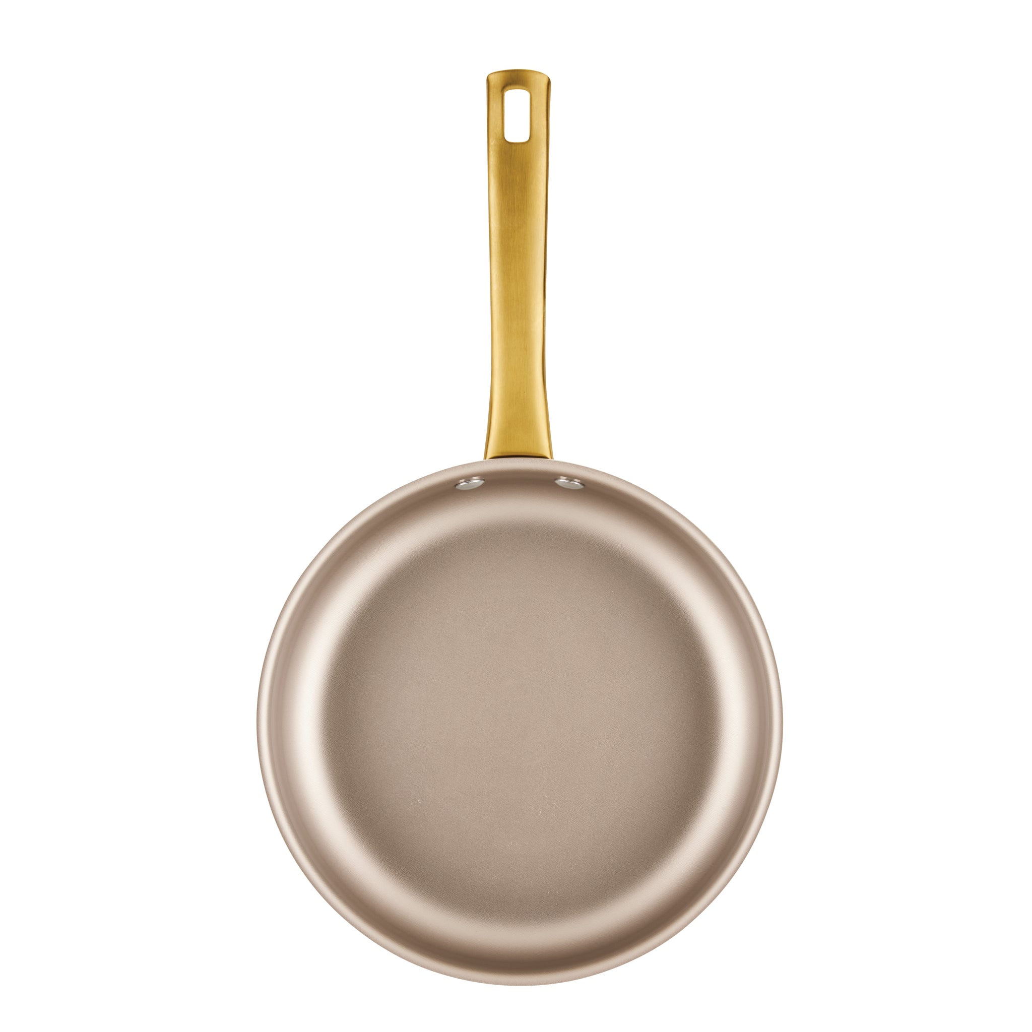 The Radiant Nonstick 2.75-Quart Sauté Pan With Lid, featuring a gold accent handle and renowned for its even heat distribution, is displayed against a white background.