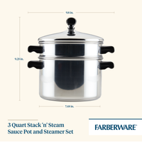 Silver 3-quart steam pot with a lid and measurements shown.