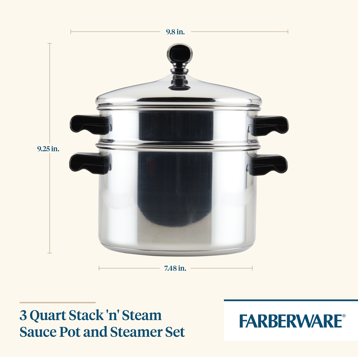 Silver 3-quart steam pot with a lid and measurements shown.