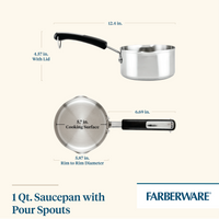 Diagram of the 1-Quart Stainless Steel Saucepan featuring measurements and pour spouts, ideal for everyday cooking. This cookware piece blends functionality with style.