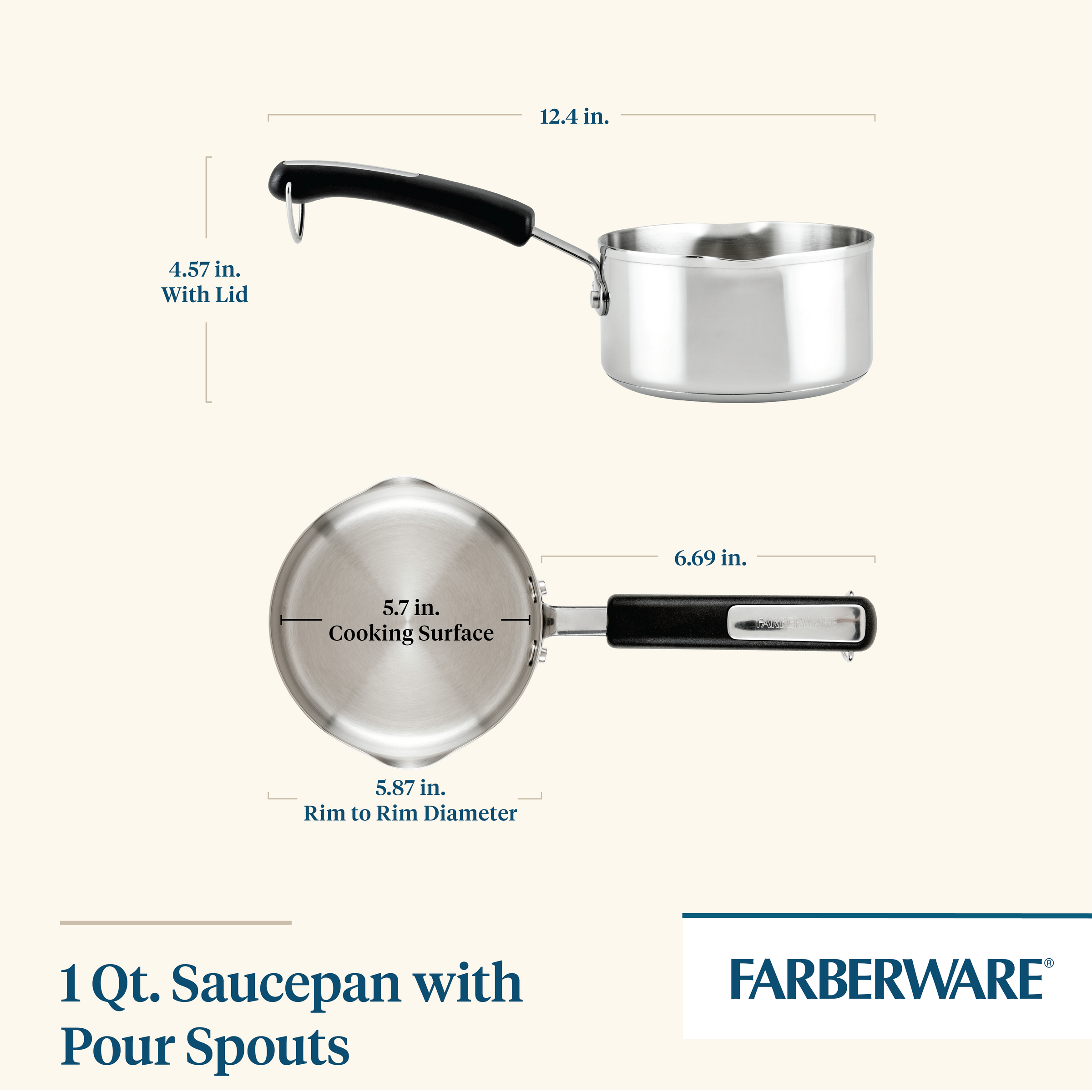 Diagram of the 1-Quart Stainless Steel Saucepan featuring measurements and pour spouts, ideal for everyday cooking. This cookware piece blends functionality with style.