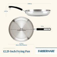 The 12.25-Inch Stainless Steel Frying Pan is an essential addition to your cookware collection, featuring a sleek black handle and precise measurement details.