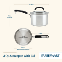 Diagram of the 3-Quart Stainless Steel Saucepan from Farberware Brilliance, showcasing its measurements and accompanying lid. This durable and stylish piece of cookware is perfect for any kitchen.