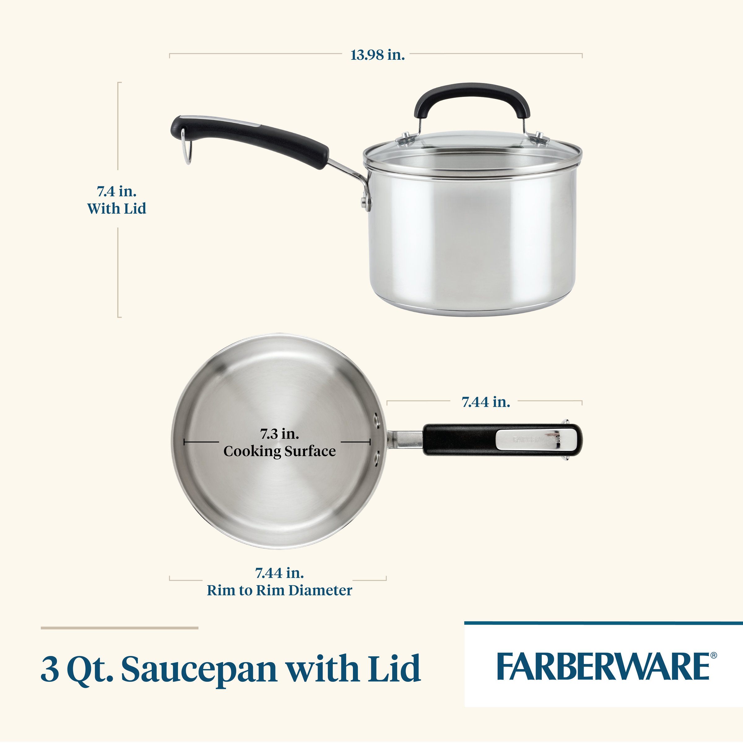 Diagram of the 3-Quart Stainless Steel Saucepan from Farberware Brilliance, showcasing its measurements and accompanying lid. This durable and stylish piece of cookware is perfect for any kitchen.