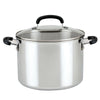 An 8-Quart Stainless Steel Stockpot with glass lid and black handles.