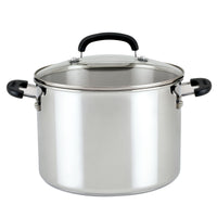 An 8-Quart Stainless Steel Stockpot with glass lid and black handles.