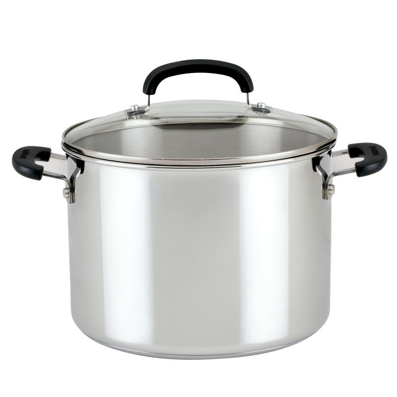 An 8-Quart Stainless Steel Stockpot with glass lid and black handles.