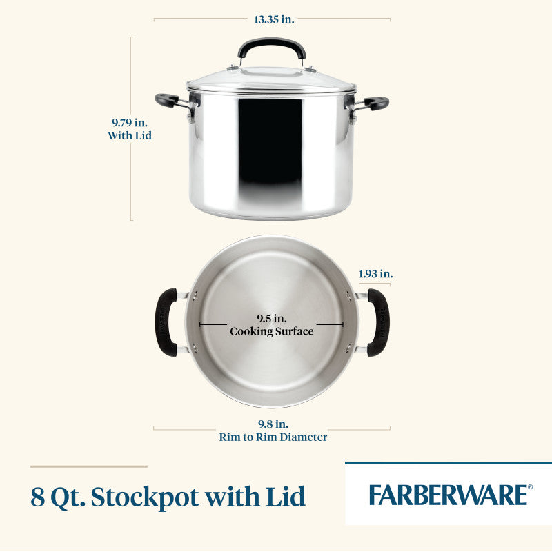 8-Quart Stainless Steel Stockpot shown with lid and measurements.