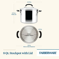 8-Quart Stainless Steel Stockpot shown with lid and measurements.