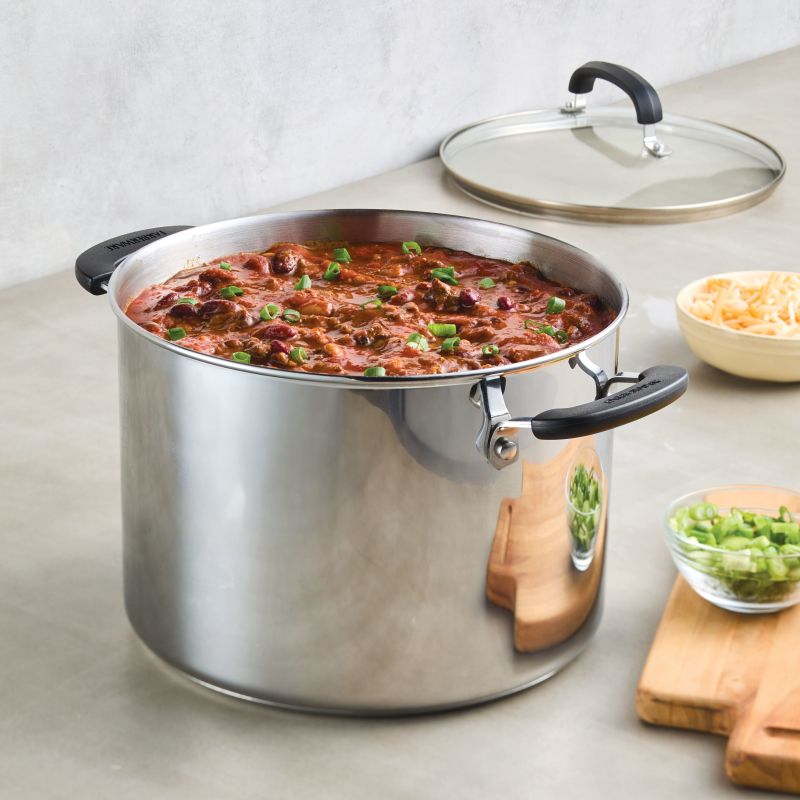 An 8-Quart Stainless Steel Stockpot of chili sits on the kitchen counter.