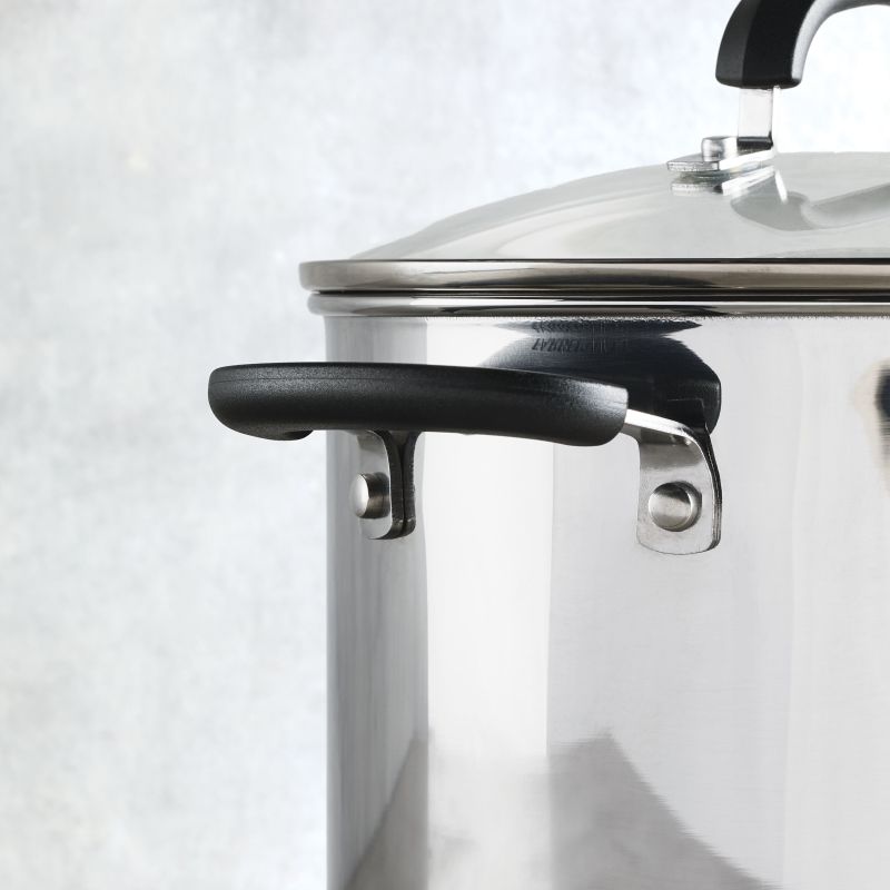 8-Quart Stainless Steel Stockpot with lid and black handle.