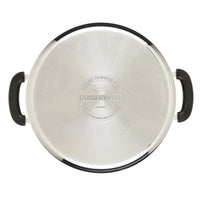 8-Quart Stainless Steel Stockpot lid with black handles, top view.